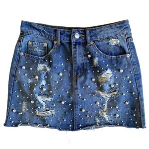 Mustard Seed • Pearl-Studded Distressed Denim Mini Skirt • Size S